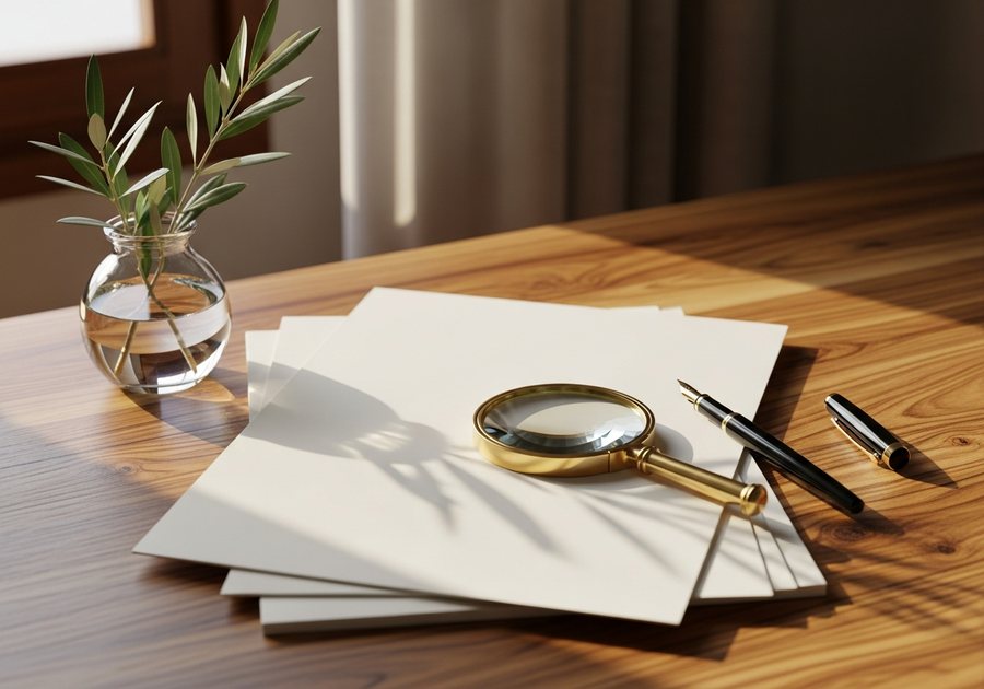 A magnifying glass and fountain pen on blank documents on a sunlit desk