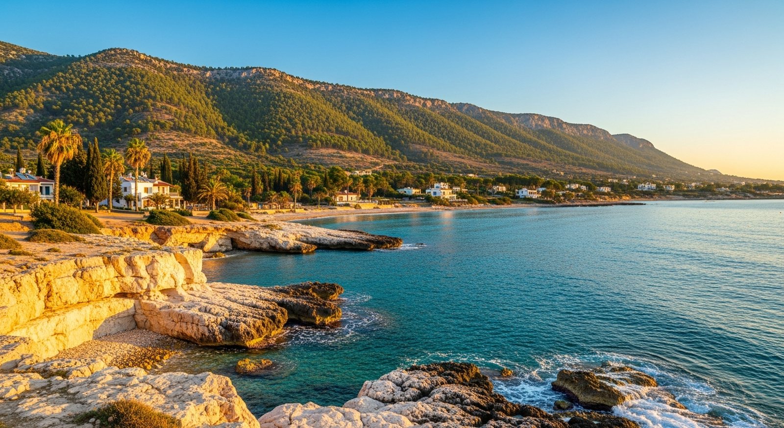 Sunlit Mediterranean bay on the northern coast of Cyprus, with pine-covered mountains rising behind low white houses