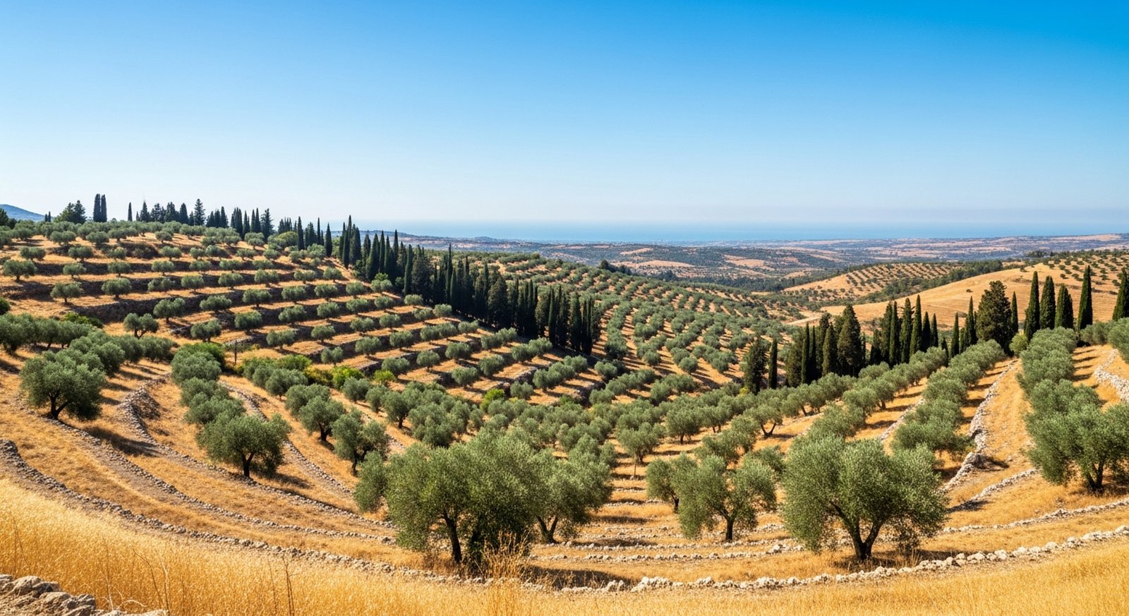 Terraced olive groves on dry golden hillsides with the Mediterranean on the horizon