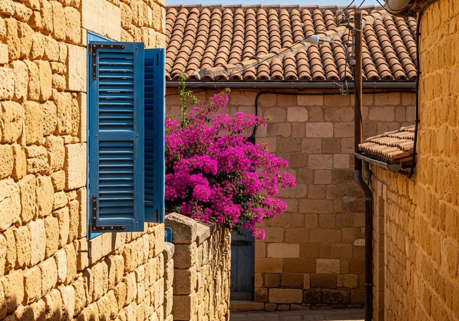 A sunlit lane in an old Cypriot stone village with blue shutters and bright magenta bougainvillea