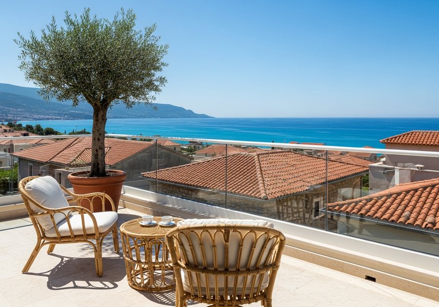 Balcony of a modern Mediterranean apartment overlooking a turquoise sea